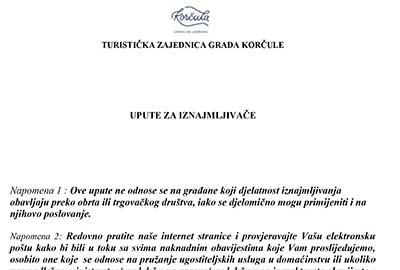 TZG Korčule-Upute za iznajmljivače